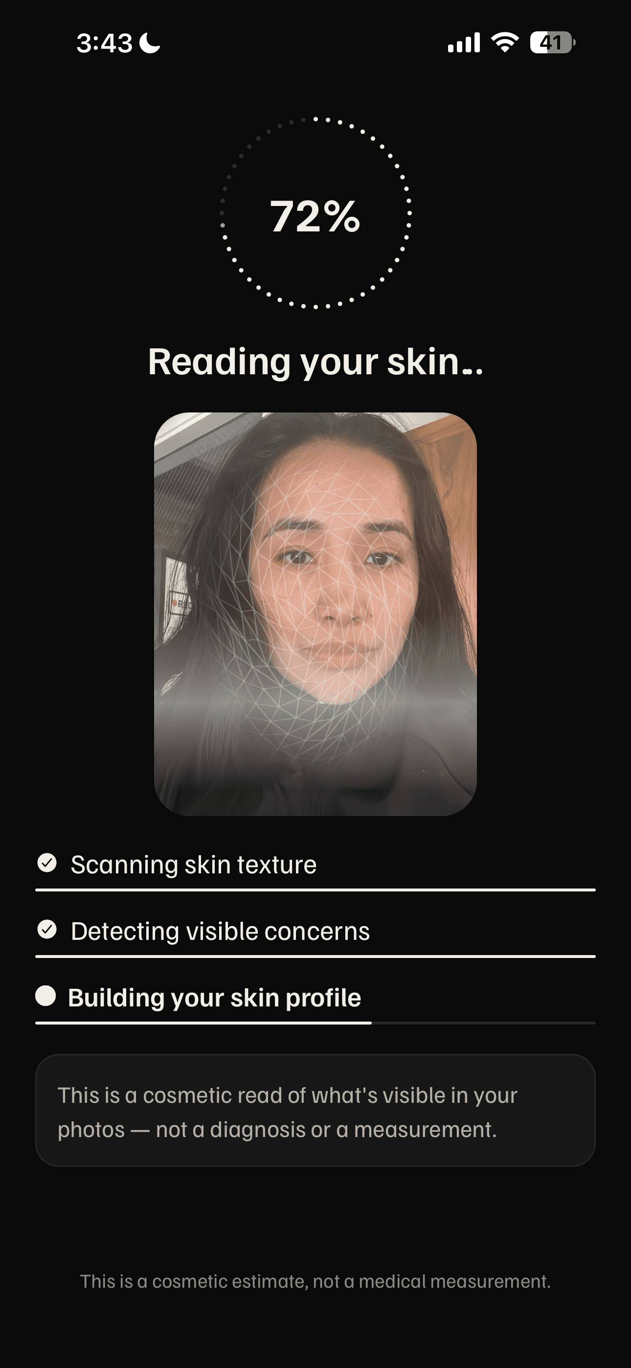 Faces app scan screen: a dotted progress ring reading 72 percent, the label Reading your skin, a framed selfie, and three steps: Scanning skin texture, Detecting visible concerns, Building your skin profile.
