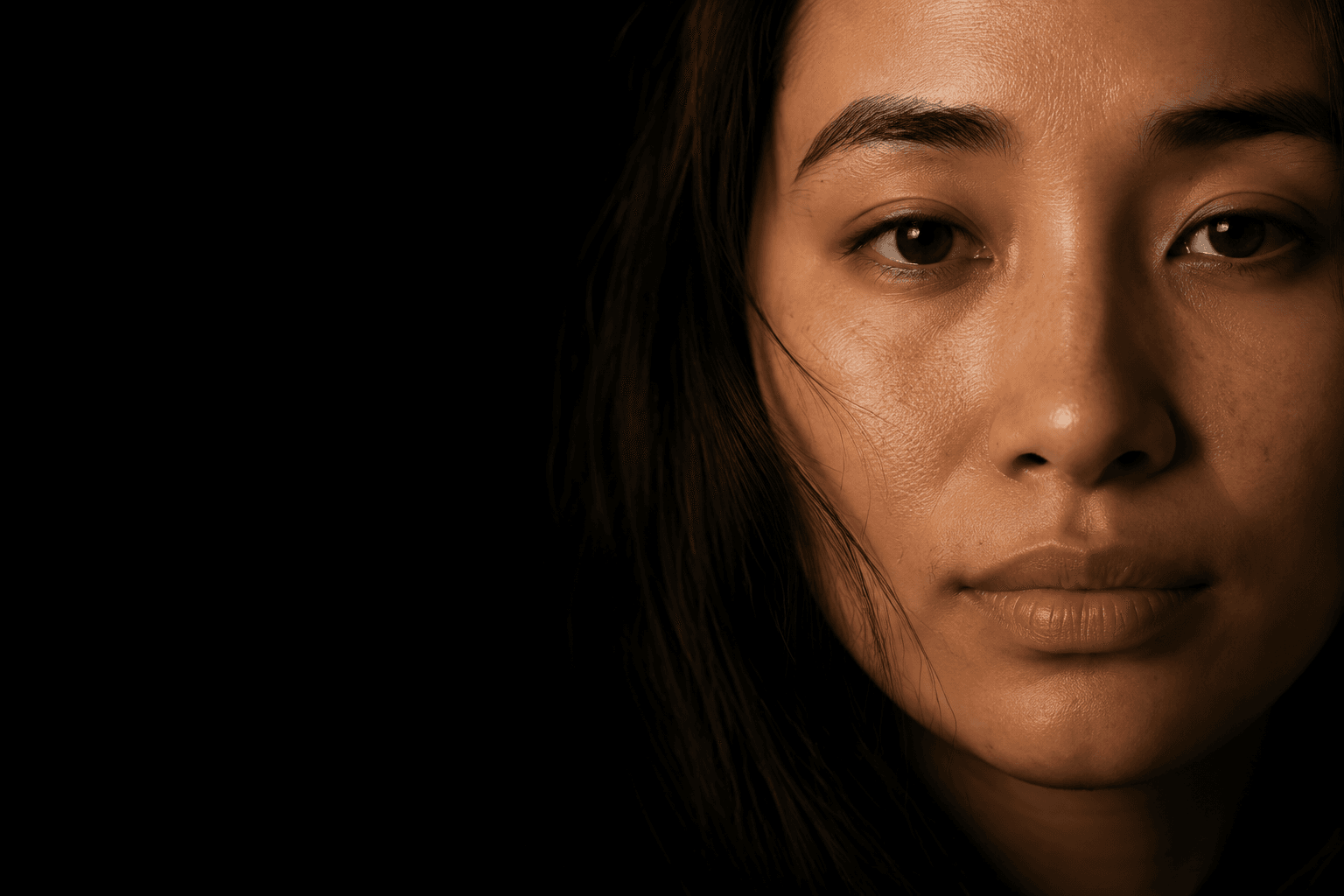 Close portrait of a woman with warm-toned skin, lit from the side against a near-black background.